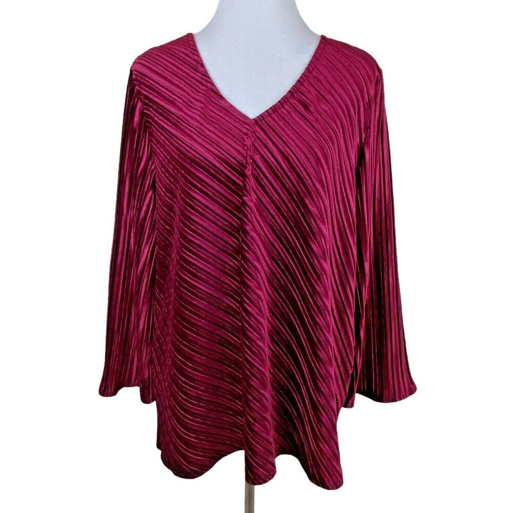 Alfani Top Large Womens Red V-Neck Ribbed Velvet 3/4 Sleeve Pullover Stretch New